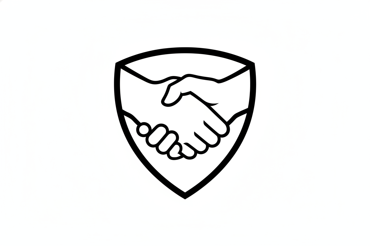 two hand chaiking each other and a shield